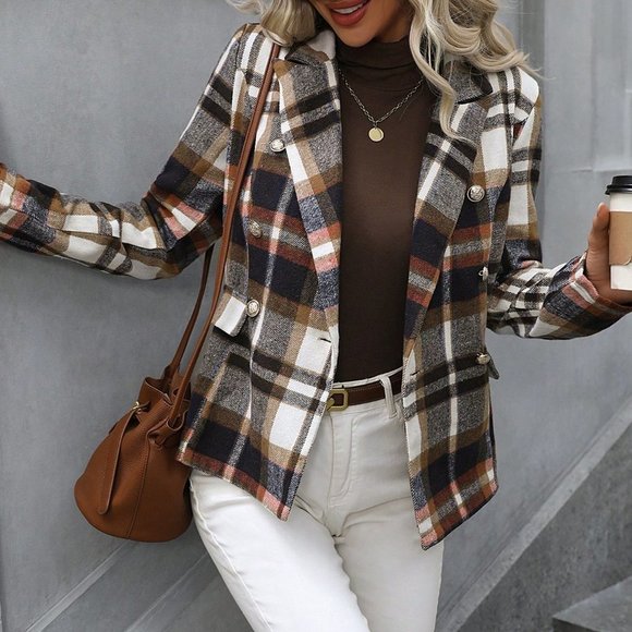 Tan Casual Plaid Print Double Breasted Blazer - Picture 4 of 6